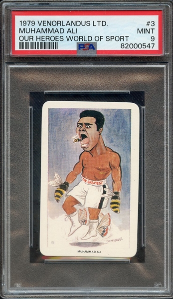 1979 VENORLANDUS LTD. OUR HEROES WORLD OF SPORT 3 MUHAMMAD ALI OUR HEROES WORLD OF SPORT PSA MINT 9