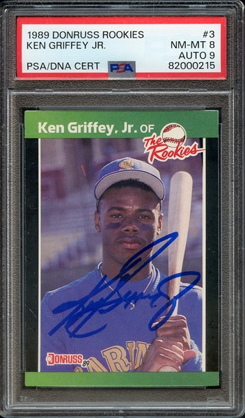 1989 DONRUSS ROOKIES 3 SIGNED KEN GRIFFEY JR PSA NM-MT 8 PSA/DNA AUTO 9