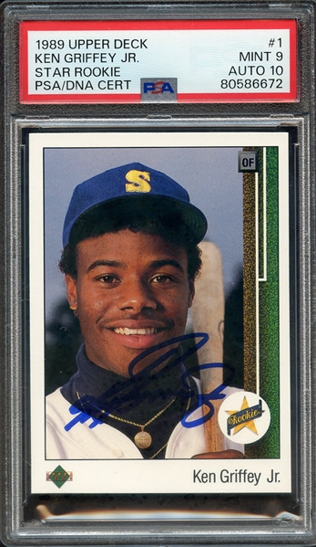 1989 UPPER DECK 1 SIGNED KEN GRIFFEY JR PSA MINT 9 PSA/DNA AUTO 10