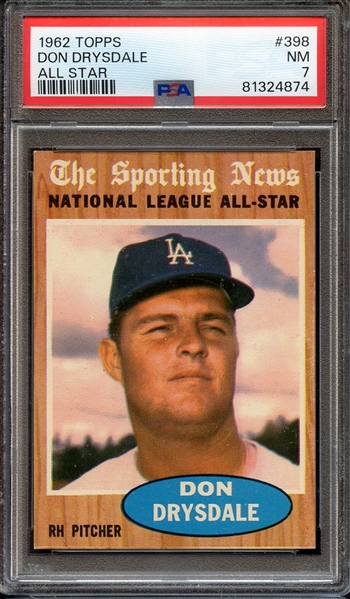 1962 TOPPS 398 DON DRYSDALE ALL STAR PSA NM 7