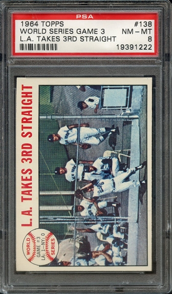 1964 TOPPS 138 WORLD SERIES GAME 3 L.A. TAKES 3RD STRAIGHT PSA NM-MT 8