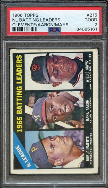1966 TOPPS 215 NL BATTING LEADERS CLEMENTE/AARON/MAYS PSA GOOD 2