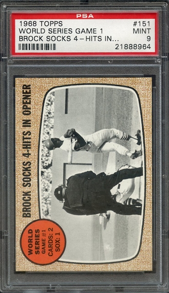 1968 TOPPS 151 WORLD SERIES GAME 1 BROCK SOCKS 4-HITS IN... PSA MINT 9