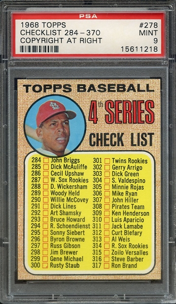 1968 TOPPS 278 CHECKLIST 284-370 COPYRIGHT AT RIGHT PSA MINT 9