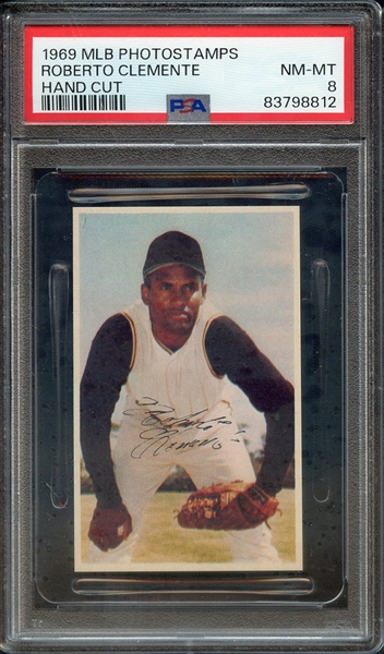 1969 MLB PHOTOSTAMPS ROBERTO CLEMENTE HAND CUT PSA NM-MT 8