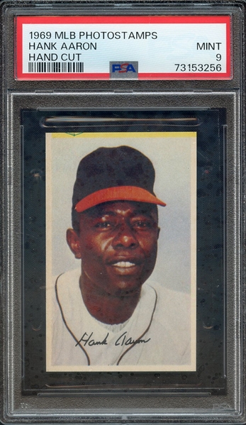 1969 MLB PHOTOSTAMPS HANK AARON HAND CUT PSA MINT 9