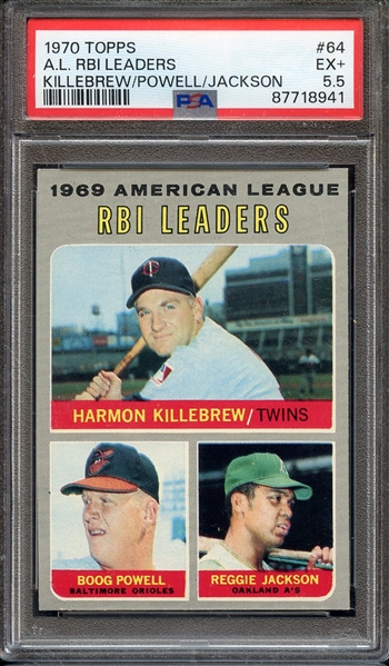 1970 TOPPS 64 A.L. RBI LEADERS KILLEBREW/POWELL/JACKSON PSA EX+ 5.5