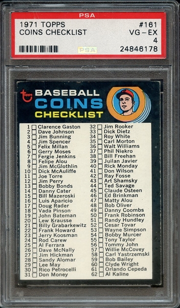 1971 TOPPS 161 COINS CHECKLIST PSA VG-EX 4