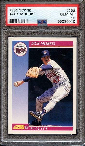 1992 SCORE 652 JACK MORRIS PSA GEM MT 10