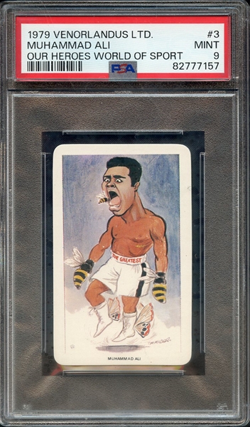 1979 VENORLANDUS LTD. OUR HEROES WORLD OF SPORT 3 MUHAMMAD ALI OUR HEROES WORLD OF SPORT PSA MINT 9