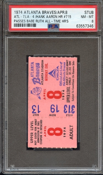 1974 ATLANTA BRAVES-TICKET STUB ATL-7,LAD-4/HANK AARON HR #715 PASSES BABE RUTH ALL-TIME HR'S PSA NM-MT 8