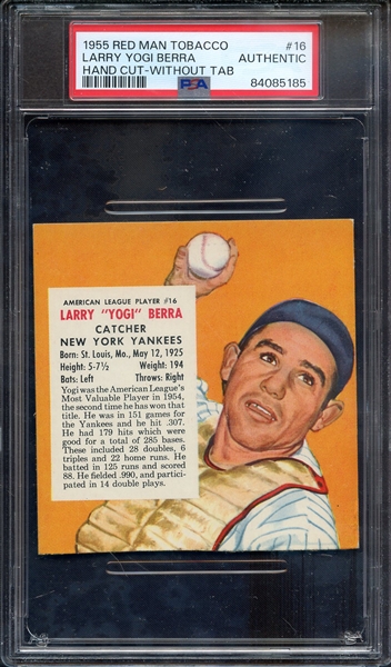 1955 RED MAN TOBACCO 16 LARRY YOGI BERRA HAND CUT-WITHOUT TAB PSA AUTHENTIC