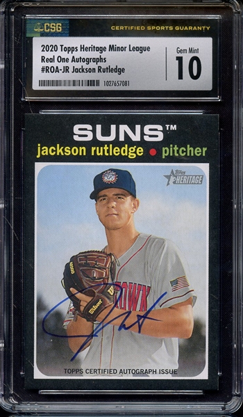 2020 TOPPS HERITAGE MINOR LEAGUE REAL ONE AUTOGRAPHS JACKSON RUTLEDGE CSG GEM MINT 10