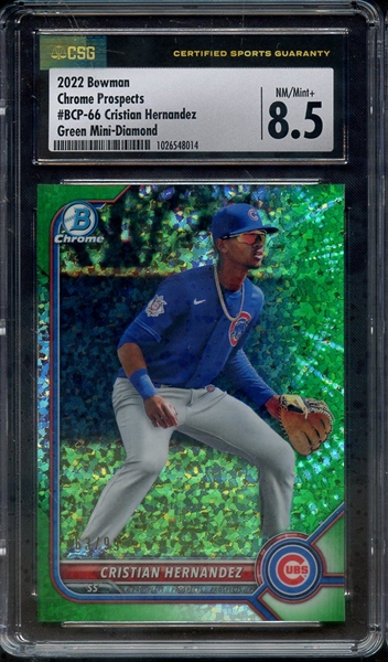 2022 BOWMAN GREEN MINI DIAMOND CHROME PROSPECTS BCP66 CRISTIAN HERNANDEZ CSG NM-MT+ 8.5