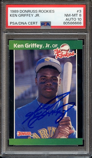 1989 DONRUSS ROOKIES 3 SIGNED KEN GRIFFEY JR PSA NM-MT 8 PSA/DNA AUTO 10