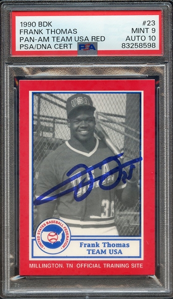 1990 BDK PAN AM TEAM USA RED 23 SIGNED FRANK THOMAS PSA MINT 9 PSA/DNA AUTO 10