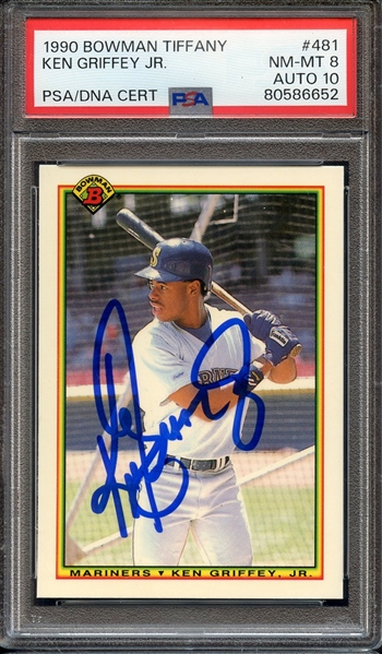1990 BOWMAN TIFFANY 481 SIGNED KEN GRIFFEY JR PSA NM-MT 8 PSA/DNA AUTO 10