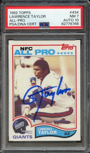 1982 TOPPS 434 SIGNED LAWRENCE TAYLOR PSA NM 7 PSA/DNA AUTO 10