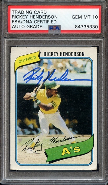 1980 TOPPS 482 SIGNED RICKEY HENDERSON PSA/DNA AUTO 10
