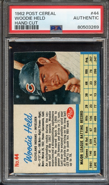1962 POST CEREAL 44 WOODIE HELD HAND CUT PSA AUTHENTIC