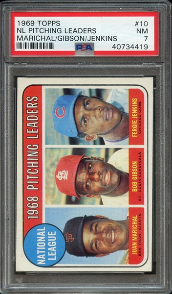 1969 TOPPS 10 NL PITCHING LEADERS MARICHAL/GIBSON/JENKINS PSA NM 7