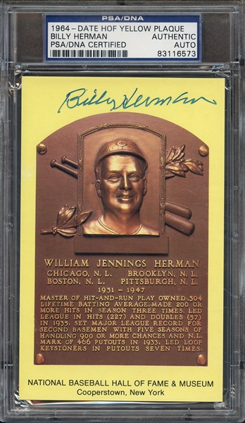 BILLY HERMAN SIGNED HOF POSTCARD PSA/DNA AUTO AUTHENTIC