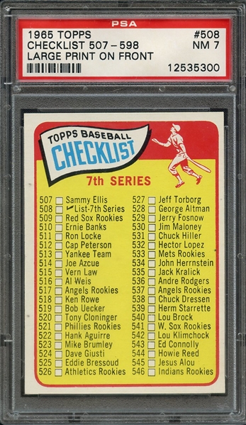 1965 TOPPS 508 CHECKLIST 507-598 LARGE PRINT ON FRONT PSA NM 7