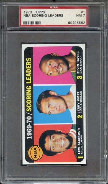1970 TOPPS 1 NBA SCORING LEADERS ALCINDOR/WEST/HAYES PSA NM 7