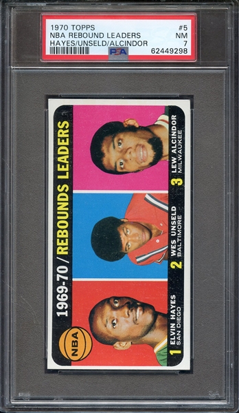 1970 TOPPS 5 NBA REBOUND LEADERS HAYES/UNSELD/ALCINDOR PSA NM 7
