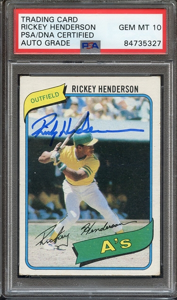 1980 TOPPS 482 SIGNED RICKEY HEDERSON PSA/DNA AUTO 10