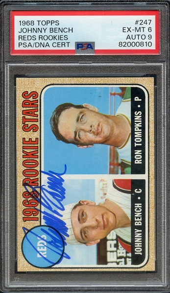 1968 TOPPS 247 SIGNED JOHNNY BENCH PSA EX-MT 6 PSA/DNA AUTO 9