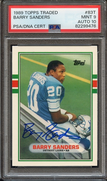 1989 TOPPS TRADED 83T SIGNED BARRY SANDERS PSA MINT 9 PSA/DNA AUTO 10