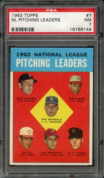 1963 TOPPS 7 NL PITCHING LEADERS PSA NM 7