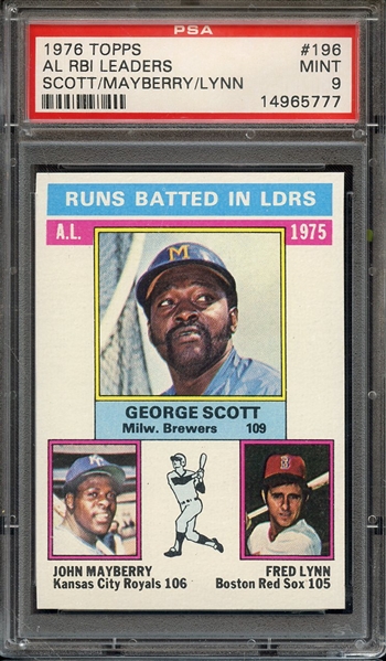 1976 TOPPS 196 AL RBI LEADERS SCOTT/MAYBERRY/LYNN PSA MINT 9