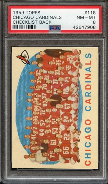 1959 TOPPS 118 CHICAGO CARDINALS CHECKLIST BACK PSA NM-MT 8