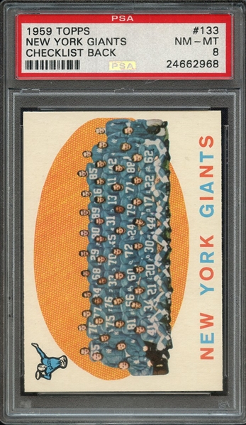 1959 TOPPS 133 NEW YORK GIANTS CHECKLIST BACK PSA NM-MT 8