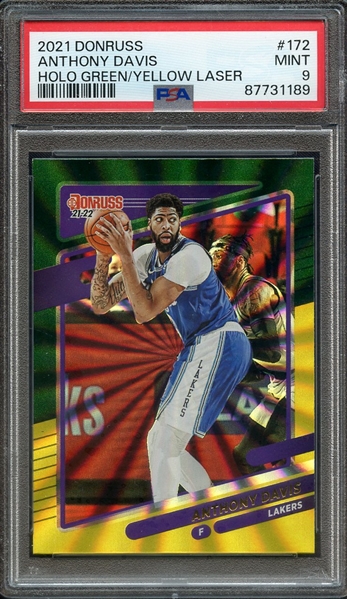 2021 PANINI DONRUSS 172 ANTHONY DAVIS HOLO GREEN/YELLOW LASER PSA MINT 9