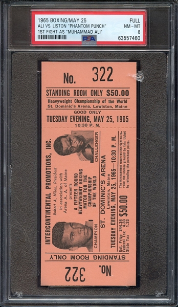 1965 BOXING-FULL TICKET ALI VS. LISTON ALI 1ST ROUND KO/ORANGE VAR. PSA NM-MT 8