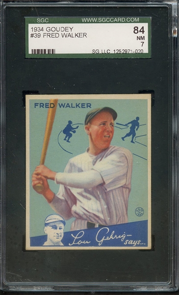 1934 GOUDEY 39 FRED WALKER SGC NM 84 / 7