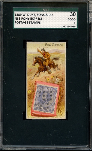 1889 W. DUKE, SONS & CO N85 POSTAGE STAMPS PONY EXPRESS SGC GOOD 30 / 2