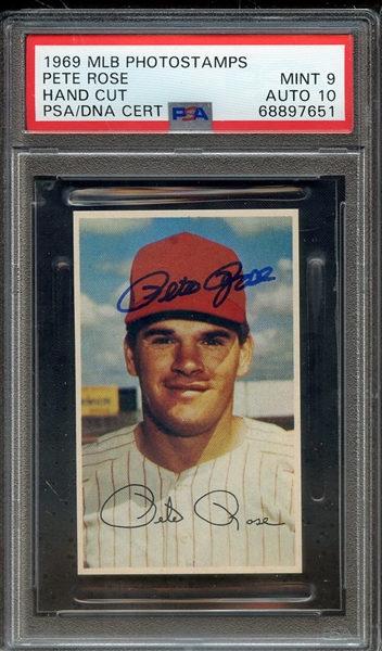 1969 MLB PHOTOSTAMPS SIGNED PETE ROSE PSA MINT 9 PSA/DNA AUTO 10