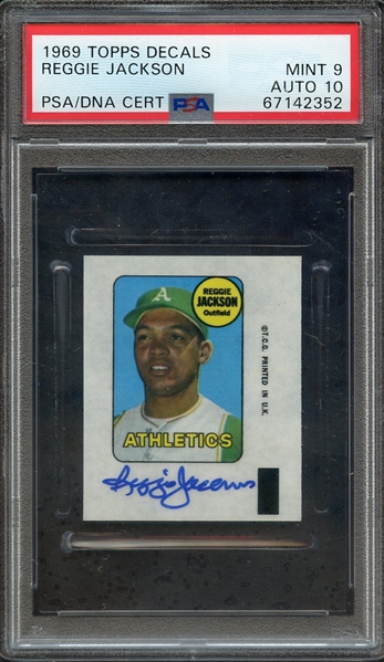 1969 TOPPS DECALS SIGNED REGGIE JACKSON PSA MINT 9 PSA/DNA AUTO 10