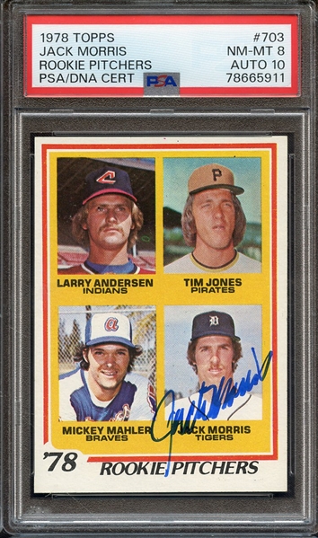 1978 TOPPS 703 SIGNED JACK MORRIS PSA NM-MT 8 PSA/DNA AUTO 10