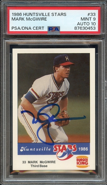 1986 HUNTSVILLE STARS 33 SIGNED MARK MCGWIRE PSA MINT 9 PSA/DNA AUTO 10