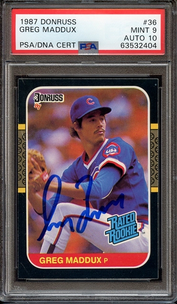 1987 DONRUSS 36 SIGNED GREG MADDUX PSA MINT 9 PSA/DNA AUTO 10