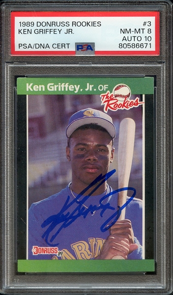 1989 DONRUSS ROOKIES 3 SIGNED KEN GRIFFEY JR PSA NM-MT 8 PSA/DNA AUTO 10