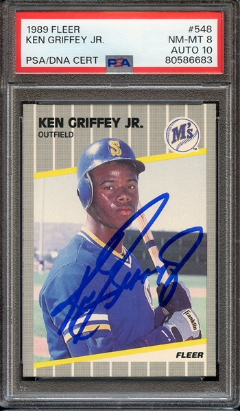 1989 FLEER 548 SIGNED KEN GRIFFEY JR PSA NM-MT 8 PSA/DNA AUTO 10