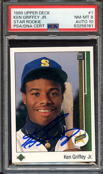 1989 UPPER DECK 1 SIGNED KEN GRIFFEY JR PSA NM-MT 8 PSA/DNA AUTO 10