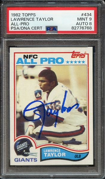 1982 TOPPS 434 SIGNED LAWRENCE TAYLOR PSA MINT 9 PSA/DNA AUTO 8