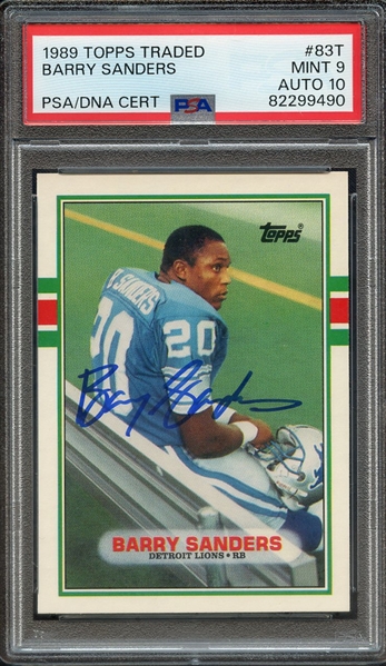 1989 TOPPS TRADED 83T SIGNED BARRY SANDERS PSA MINT 9 PSA/DNA AUTO 10